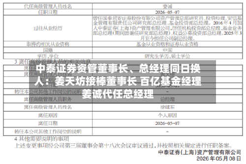 中泰证券资管董事长、总经理同日换人：姜天坊接棒董事长 百亿基金经理姜诚代任总经理